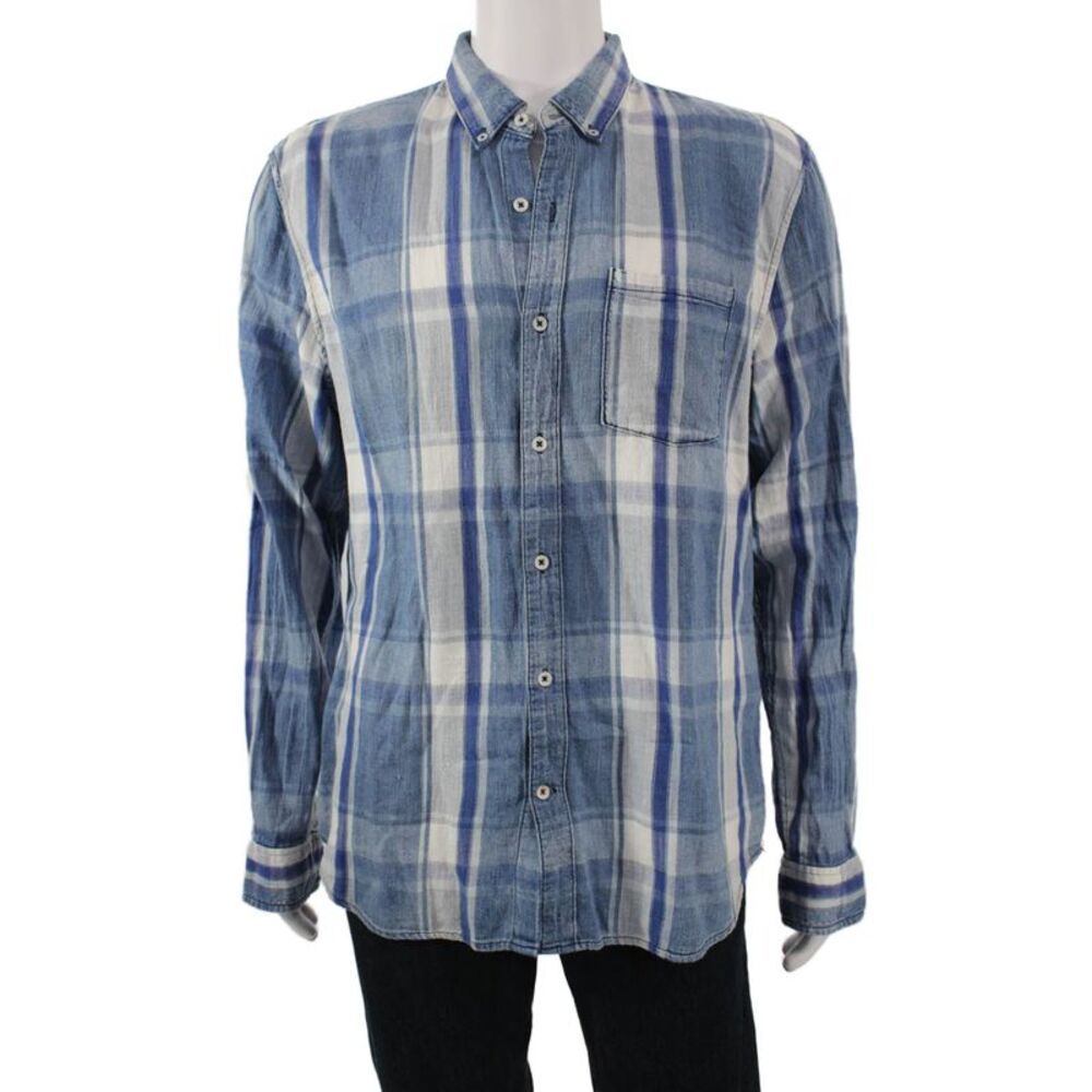 Joe's Collection Mens Plaid Button-Down Shirt Blue Long Sleeve 90s Size XL